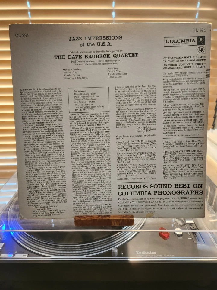 The Dave Brubeck Quartet, Jazz Impressions Of The U.S.A., 1957 1st Columbia, VG+ - Image 2 of 4