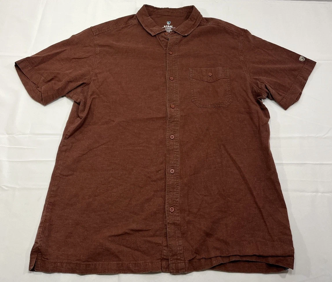 Kuhl Getaway Shirt Mens Large Short Sleeve Button Up Shirt Rust Red Hemp Hiking
