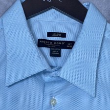 Pronto Uomo Mens Blue Micro Diamond Non-Iron Dress Shirt 18.5 34/35 Classic Fit