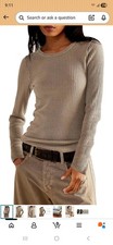 Waffle Knit Pullover Top Crew Neck Exposed Seams Beige Women's
