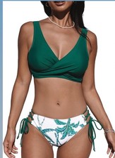 Medium Green Wrap Bikini Top Tropical Print Tie Side Bottom