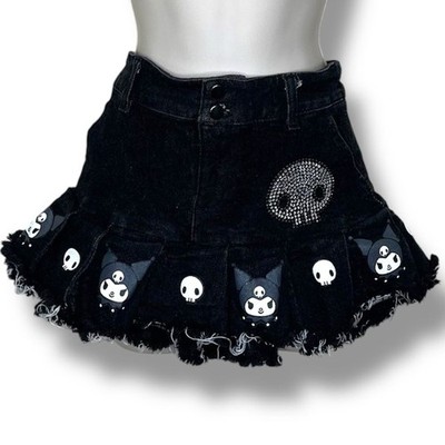 Kuromi by Sanrio Rhinestone Pleated Black Denim Mini Skirt Skull Women  Small