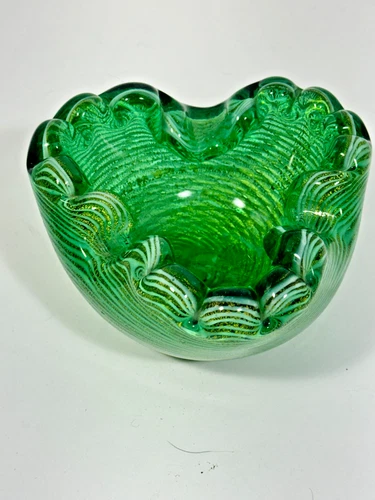 VTG BAROVIER Murano Zebrati Shell Bowl Green Gold Aventurine Art Glass