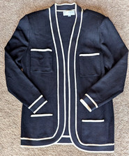 Vintage St. John Black white Trim Long Knit open Cardigan Luxury Size: L