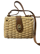 Vintage Little Girls Plastic Wicker Purse with Faux Leather Shoulder Strap 75Yr