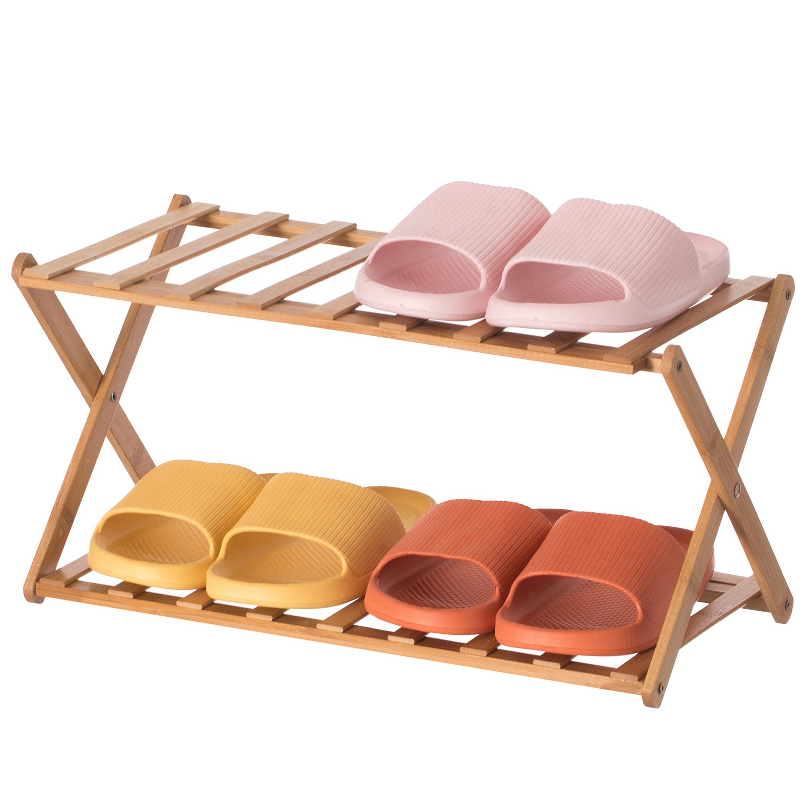Foldable Bamboo Shoe Rack 2-Tier Free Standing Shoe Organizer Storage