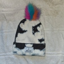 Justice White Multi Color Beanie w/ Pink Faux Fur Pom Pom Tween Teenager