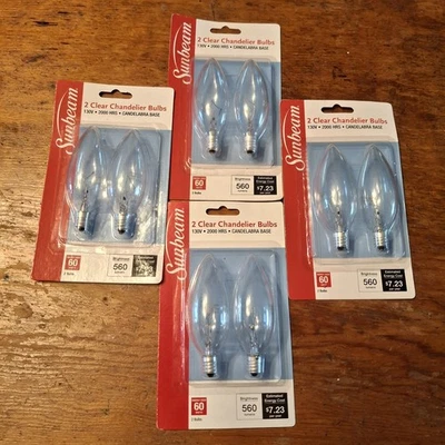 4x Chandelier Light Bulbs 60 Watt Clear 2 Per Pk Brand 560 Lumens NOS Candelabra - Image 1 of 4