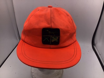 Vintage Blaze Orange Hunting Hat Cap Ear Fitted Sz 7 1/4 USA Made Patch PVC W1
