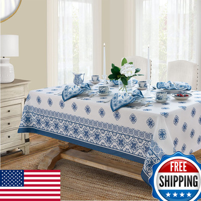 Newbridge Rectangle Fabric Tablecloth 52 X 70 Inch Mykonos Blue Mediterranean
