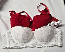 2 Lace Padded Bralette M Wireless Stretch Lace Crop Bra Red/White
