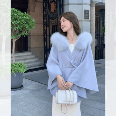 Womens Real Fox Fur Collar Wool Cape Coat Overcoat Hooded Cloak