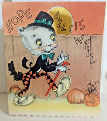 RARE HTF Vintage Halloween Cat Pumpkin Witch USA  1940's Greeting Card (EB9979)
