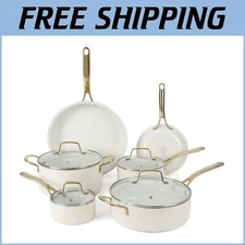 Luxurious 10-Piece Cookware Set: Nonstick Ceramic Pots & Pans with Gold Handles