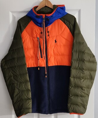 Polo Ralph Lauren Puffer Down Fleece Jacket Coat - Orange/Olive