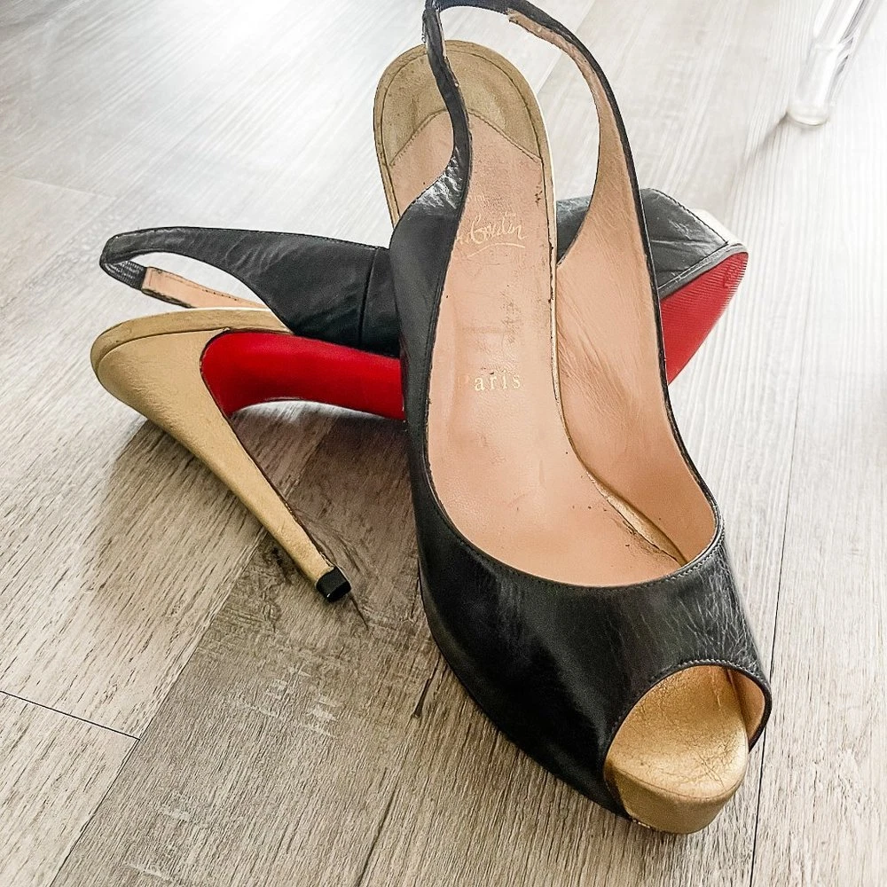 Christian Louboutin Black Gold Leather Slingback Peep Toe Pumps Size 39.5EU