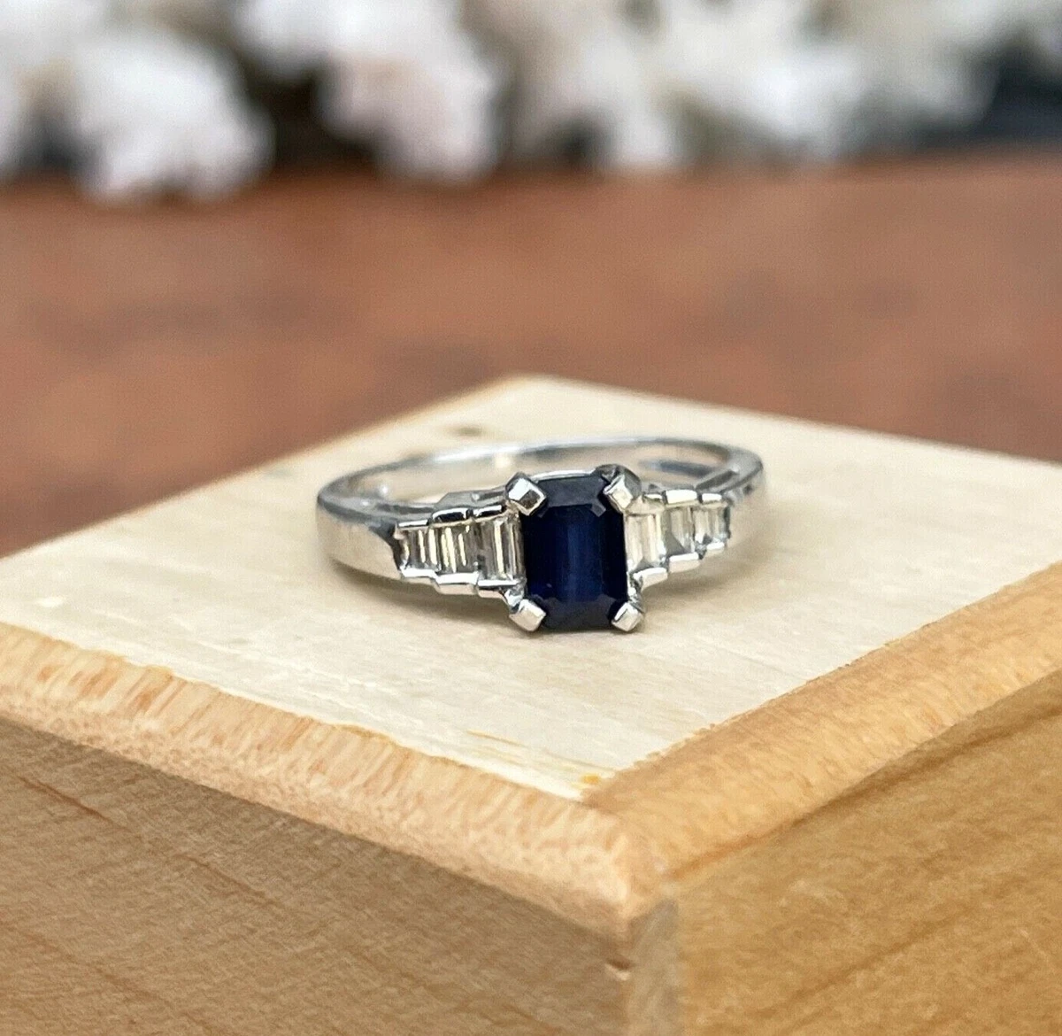 Estate Platinum Emerald Cut Dark Blue Sapphire Baguette Accent Diamond Ring 6
