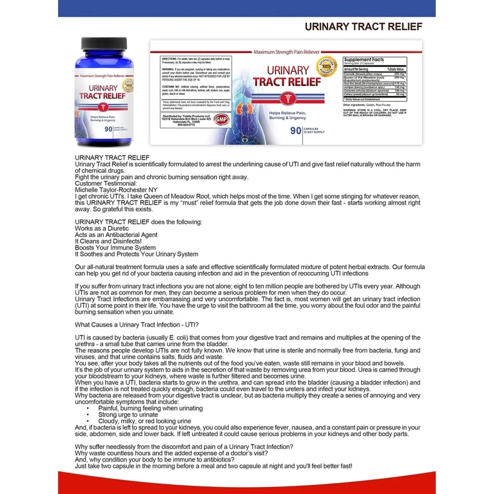 Urinary Tract Infection Pain Relief and Bladder Health Supplements 90 Capsules - Image 2 of 4