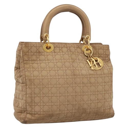 Christian Dior Lady Dior Canage Hand Bag Nylon Beige Gold Auth 205012