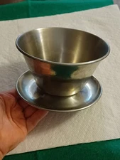Vintage Stainless Steel Gravy Boat Or Sauce Bowl With Attached Underplate