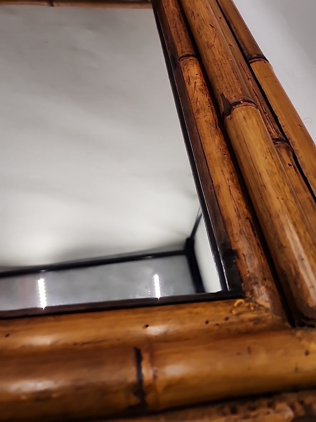 Vintage MCM Bamboo Wall Mirror 24"x20" Large. Asian Rustic Decor.