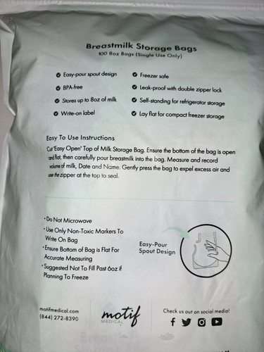 Motif Medical Breast Milk Storage Bags 8oz Single Use Bags 300 count BPA-Free - Picture 3 of 3