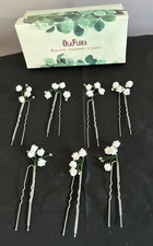 Floral Hair Pins Set of 7 White Flower and Silver Bridal Formal by Ola Flora NEW