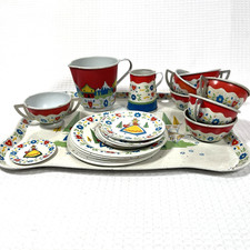 Ohio Art Co Child's Tea Set Swiss Alpine Mts Litho Boy Girl Goats 26 Pieces GUC