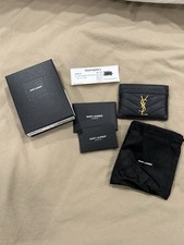 Authentic Saint Laurent Black Quilted Leather Card Case with Gold YSL Logo