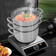 Lot de 3 casseroles, cuiseur vapeur 3 niveaux, anti-induction, acier inoxydable, argent