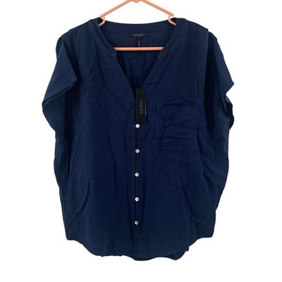 BOBI BLACK Blouse Small Linen Blend Navy NWT Button Down Dolman Style Casual