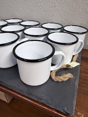Set Of 4 Crow Canyon Home Black Rim & White Enamelware Coffee Tea Drinking Mugs