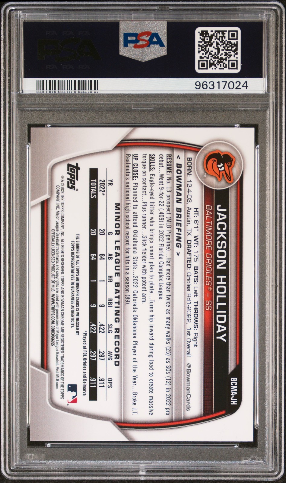 2023 BOWMAN CHROME MEGA BOX AUTOS #JH JACKSON HOLLIDAY PSA 10 view 2