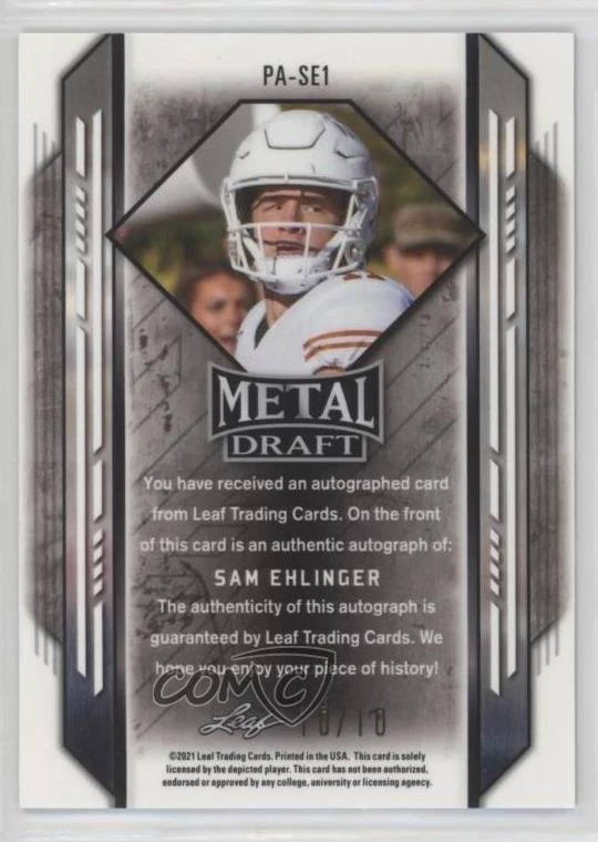 2021 Leaf Metal Draft Portrait Blue Mojo /10 Sam Ehlinger #PA-SE1 Rookie Auto RC - Image 2 of 2