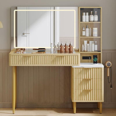 Stylish Oak Makeup Vanity Desk with Mirror, Lights & 5 Drawers