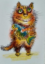 Acquerello gatto ACEO dell'autore originale 3,5"х2,5" 9x6cm non stampabile