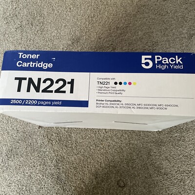 5Pk TN221 BK Color Toner Set For Brother HL-3140CW MFC-9130CW MFC-9330CDW