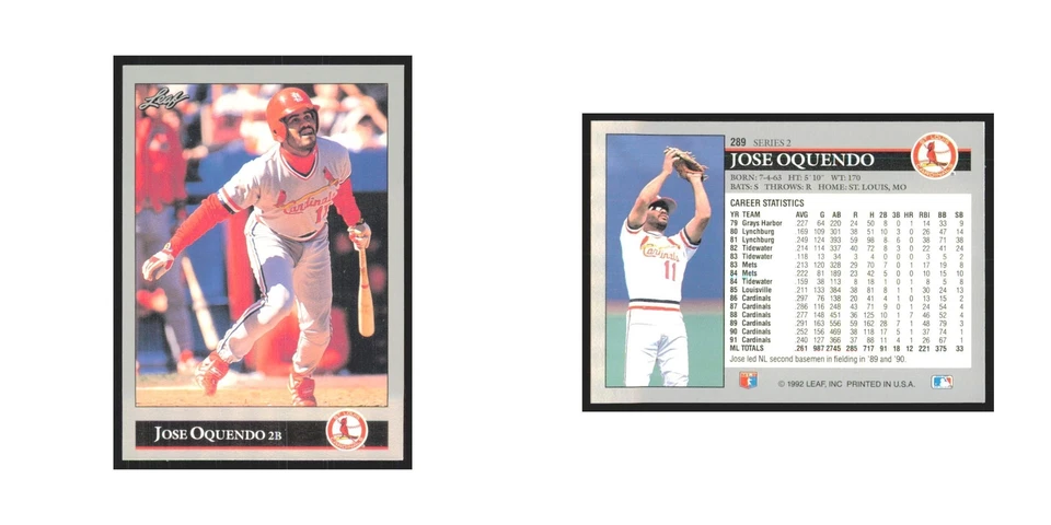 1992 Leaf Jose Oquendo Cardinals #289.0 - Image 3 of 3