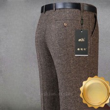 Mens Herringbone Tweed Pants Work Wool Cotton Straight Leg Trousers Slim Casual