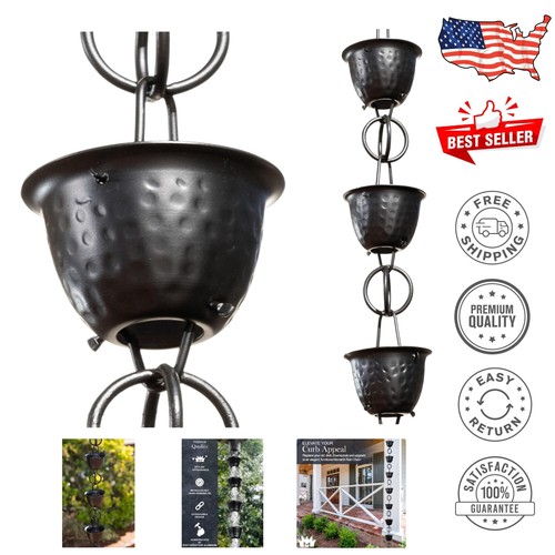 Aluminum Hammered Cup Rain Chain - Stylish Black 8.5 Ft Downspout Alternative