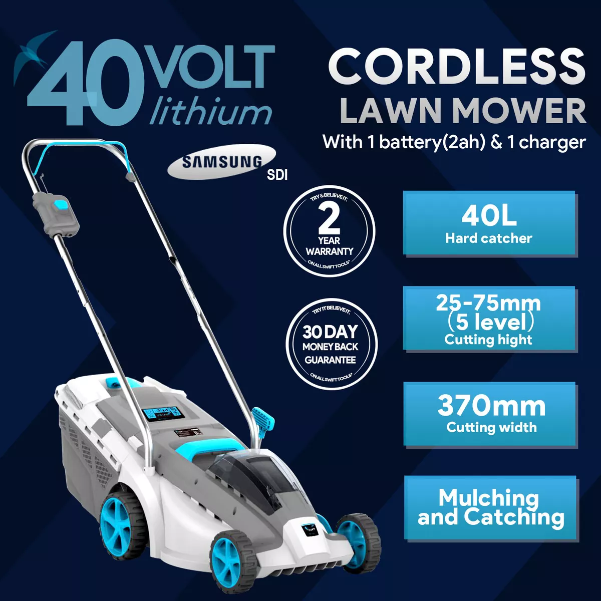 Cordless Lawnmower 40V Battery Powered 37cm Brushless Electric