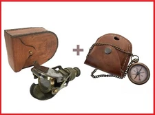 R&J Beck Monocular Spyglass Scope In Leather Case + Chain Pocket Compass In Case