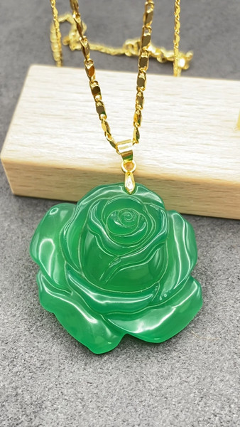 Alternate view of Jade Rose Flower Pendant Charm Necklace18k Gold Plated Talisman Chalcedony
