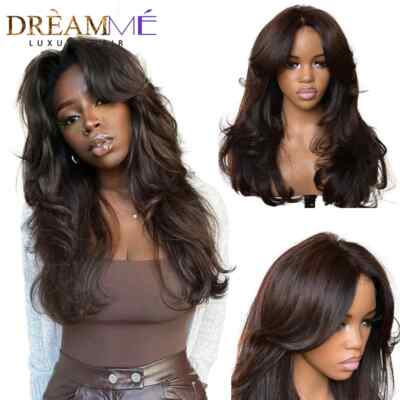 Glueless Human Hair Lace Closure Wig Dark Brown Layered Wig