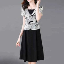 Elegant Printed Lace Fake Two Piece Dress For Mother Women Summer Office Lady