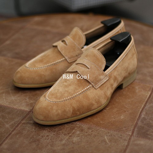 British Casual Loafer Brown Handmade Dress Shoes Men Genuine Suede Leather Shoes - Picture 17 of 18