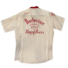Vintage 60s 70s Budweiser King Of Beers Flocked Print Bowling Shirt King Louie M