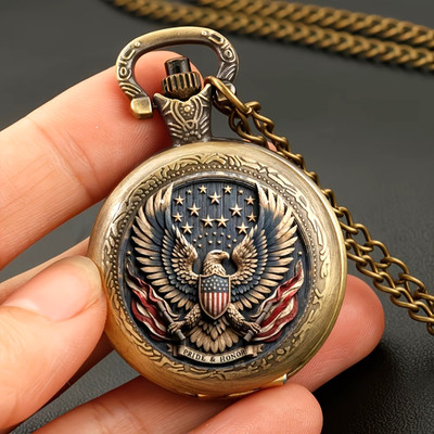 Vintage Bronze Eagle Design Quartz Pocket Watch Round Alloy Case World-Time Gift