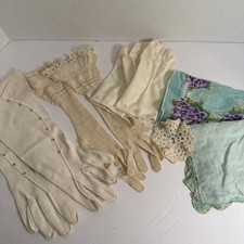 VTG LOT OF 3 PAIRS WOMENS GLOVES-CROCHET/COTTON/EMBROIDERED  2 handkerchief