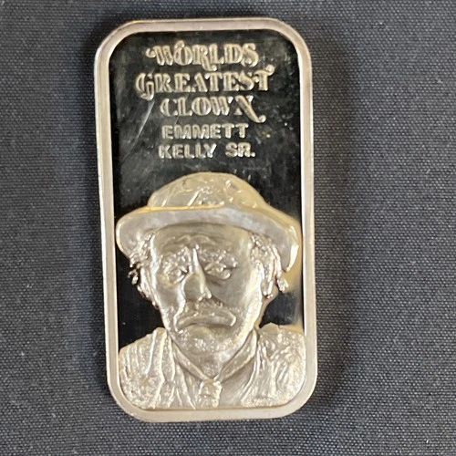 WORLD GREATEST CLOWN EMMETT KELLY SR 1OZ .999 SILVER VINTAGE BAR! BU++ CONDITION